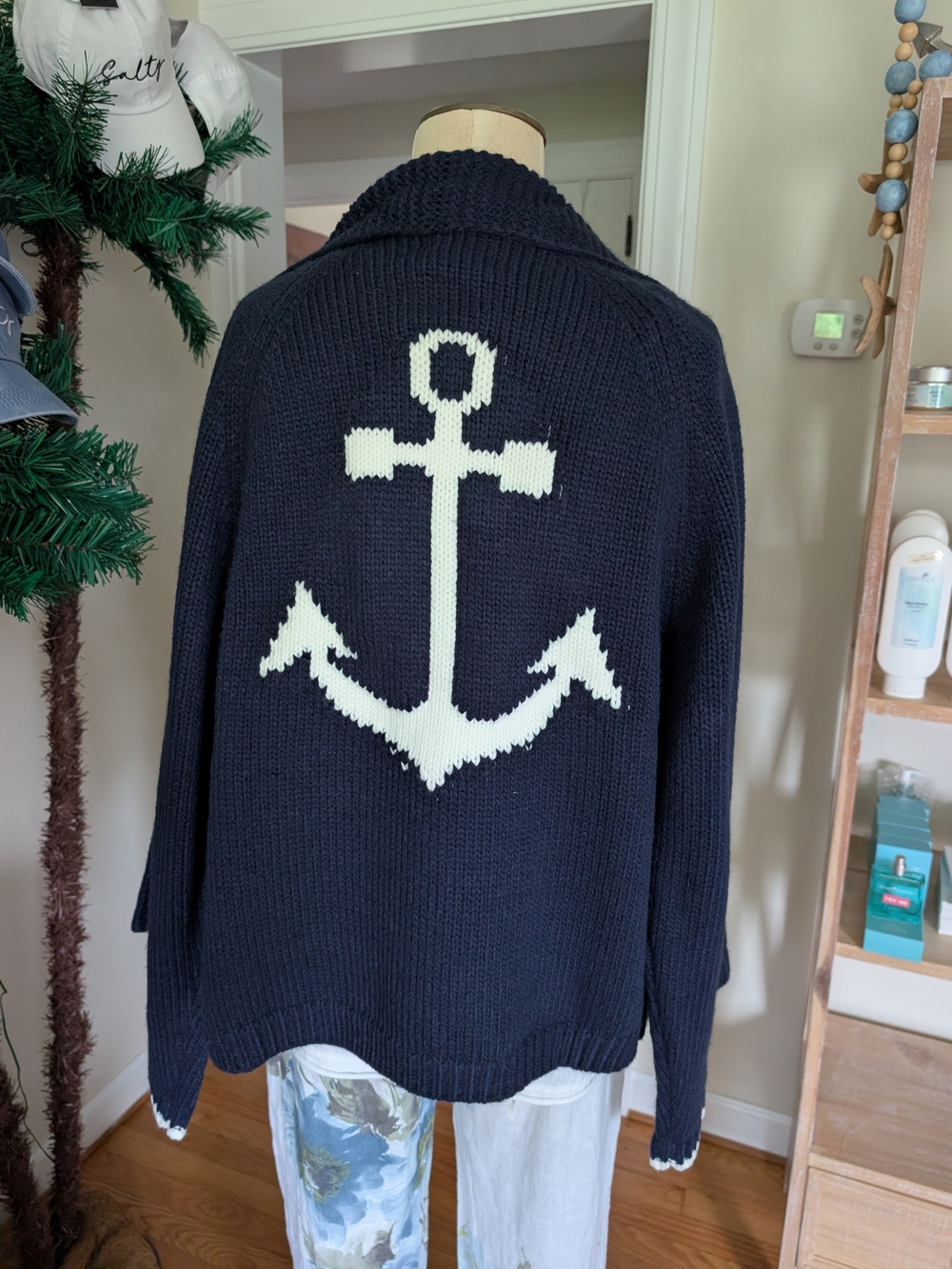 Navy Anchor Knit Shawl-Collar Cardigan - Unbranded
